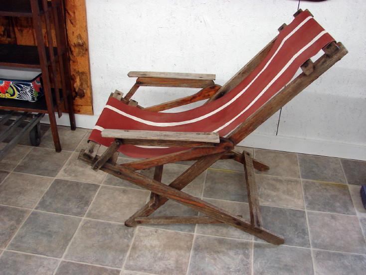 Vintage Foldup Striped Canvas Beach Chair with Arms Rocking Reclining Oak Frame, Moose-R-Us.Com Log Cabin Decor