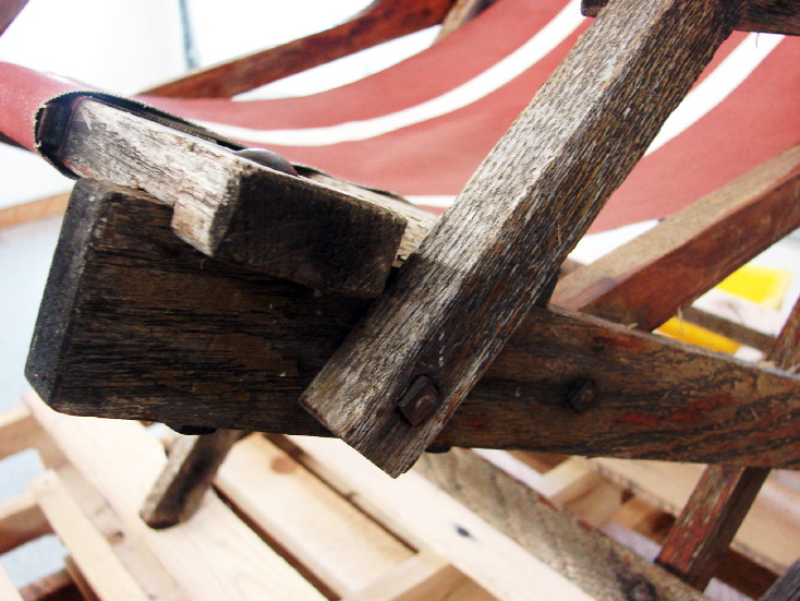 Vintage Foldup Striped Canvas Beach Chair with Arms Rocking Reclining Oak Frame, Moose-R-Us.Com Log Cabin Decor
