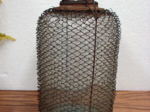 Large Antique Kerosene Oil Wire Mesh Wrapped Hand Blown Glass Bottle