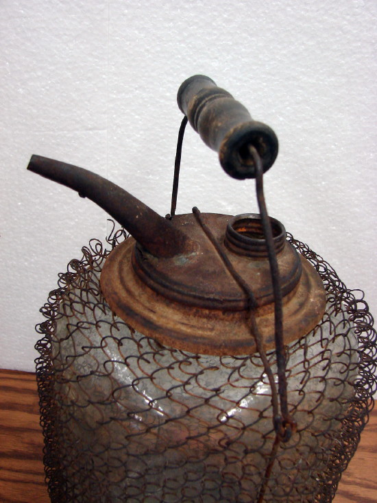 Large Antique Kerosene Oil Wire Mesh Wrapped Hand Blown Glass Bottle, Moose-R-Us.Com Log Cabin Decor