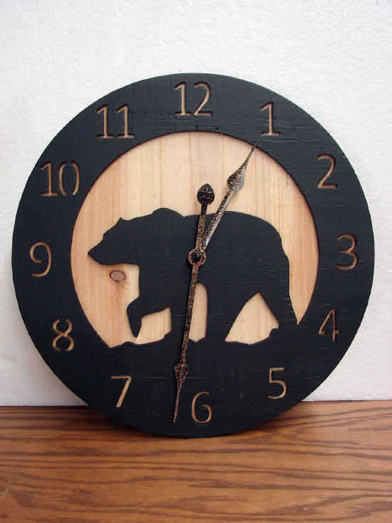 Rustic Wood Silhouette Bear Wall Clock Wooden Cut Out Circle, Moose-R-Us.Com Log Cabin Decor