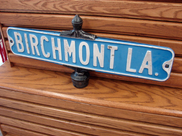 1950&#8217;s Original Street Sign Double Sided Victorian Iron Bracket Birchmont Lane, Moose-R-Us.Com Log Cabin Decor