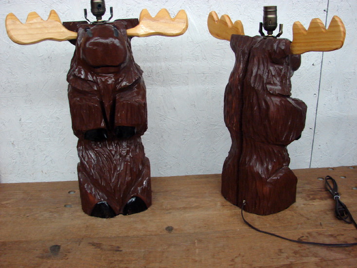 Chainsaw Carved Hand Carving Moose Bear Stump Table Lamp, Moose-R-Us.Com Log Cabin Decor