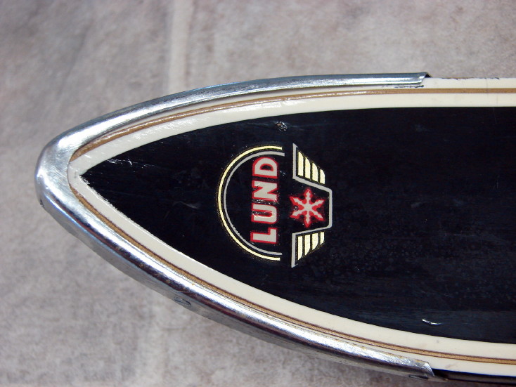 Vintage Lund USA Childs Racing Skis Leather Aluminum Poles, Moose-R-Us.Com Log Cabin Decor