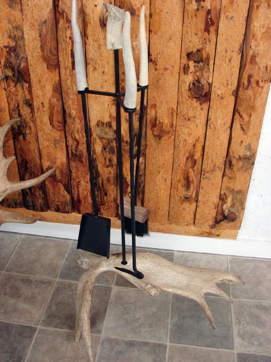 Real Carved Moose Deer Antler Amish Iron Driftwood Fireplace Accessory Tool Set, Moose-R-Us.Com Log Cabin Decor