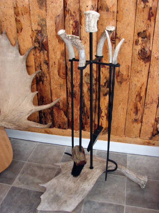 Real Carved Moose Deer Antler Amish Iron Driftwood Fireplace Accessory Tool Set, Moose-R-Us.Com Log Cabin Decor