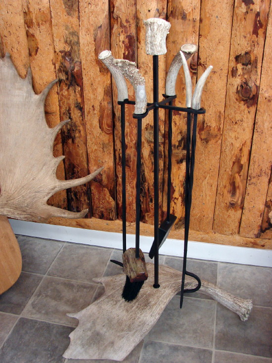 Real Carved Moose Deer Antler Amish Iron Driftwood Fireplace Accessory Tool  Set -  Log Cabin Decor