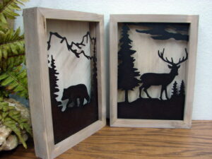Laser Cut Metal Silhouette Bear Elk Pine Forest Mountain Wall Hanging Pictures
