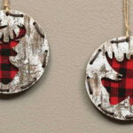 Birch Bark Look Moose Bear Deer Silhouette Red Black Buffalo Plaid Ornament Set/2 - Image 2