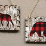 Birch Bark Look Moose Bear Deer Silhouette Red Black Buffalo Plaid Ornament Set/2