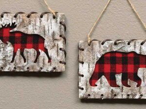 Birch Bark Look Moose Bear Deer Silhouette Red Black Buffalo Plaid Ornament Set/2