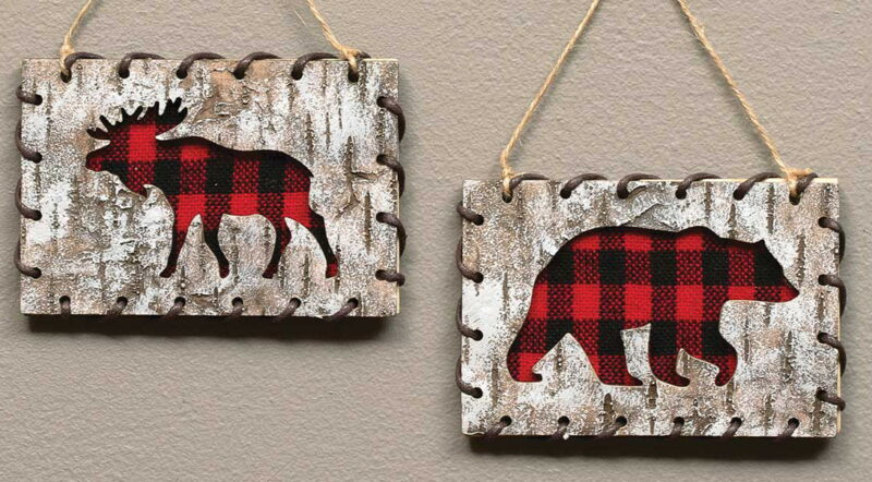 Birch Bark Look Moose Bear Deer Silhouette Red Black Buffalo Plaid Ornament Set/2, Moose-R-Us.Com Log Cabin Decor