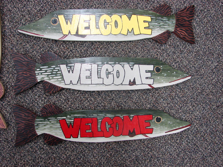 Grove Fish Works Wood Carved Northern Pike Sunfish Welcome Sign, Moose-R-Us.Com Log Cabin Decor