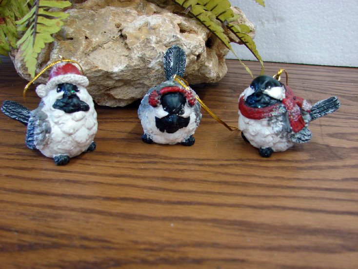 Set of 3 Detailed Resin Snow Bird Chickadee Wild Bird Ornaments, Moose-R-Us.Com Log Cabin Decor