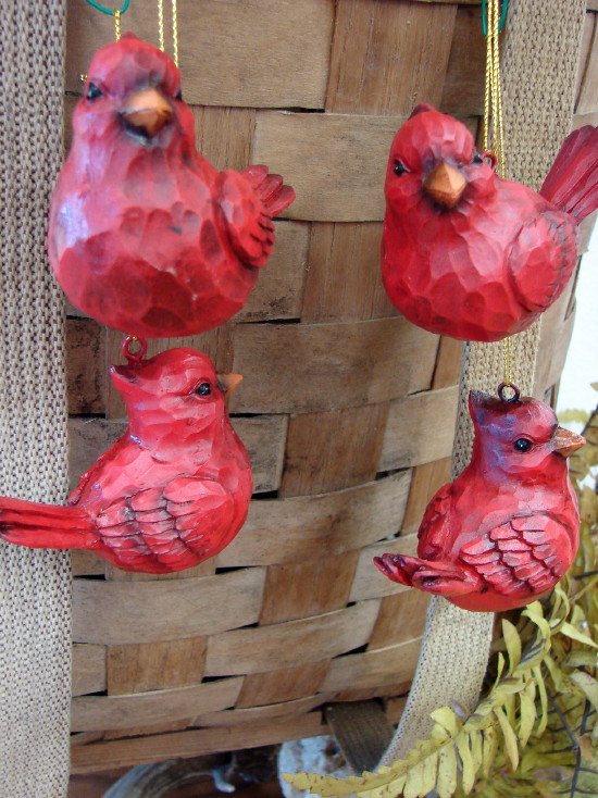 Set of 4 Detailed Resin Wood Carved Look Cardinal Miniature Wild Bird Ornaments, Moose-R-Us.Com Log Cabin Decor