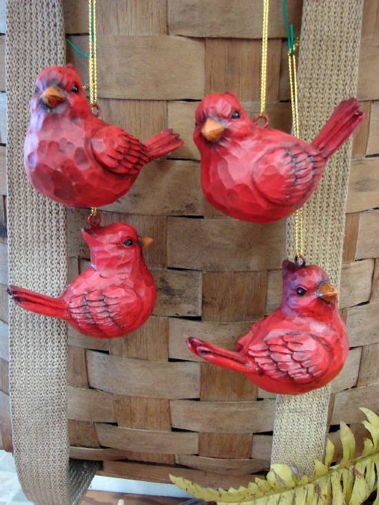 Set of 4 Detailed Resin Wood Carved Look Cardinal Miniature Wild Bird Ornaments, Moose-R-Us.Com Log Cabin Decor