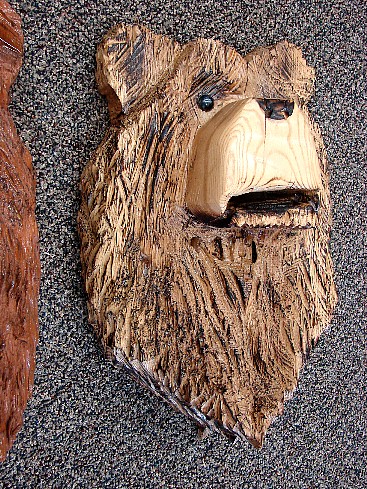 Chainsaw Carved Bear Head Wall Mount Native American Carving, Moose-R-Us.Com Log Cabin Decor