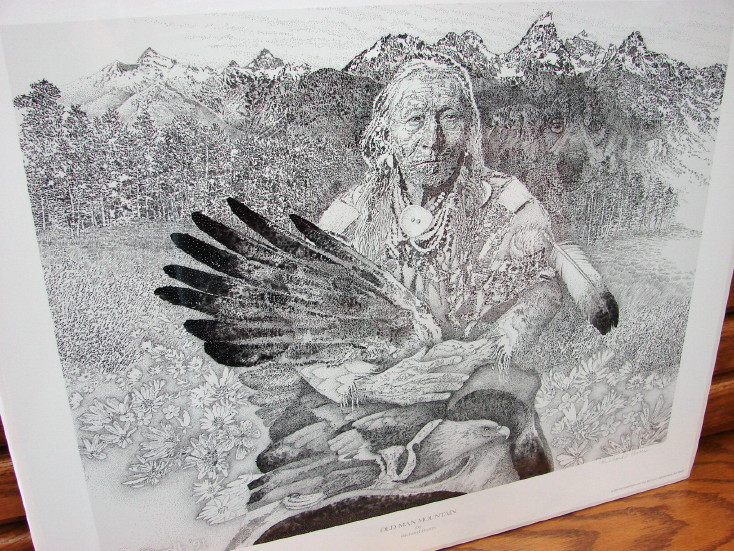 Old Man Mountain Pencil Drawing Native American Indian Harris Print, Moose-R-Us.Com Log Cabin Decor