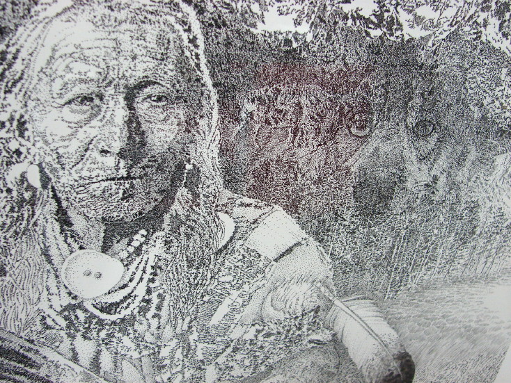 Old Man Mountain Pencil Drawing Native American Indian Harris Print, Moose-R-Us.Com Log Cabin Decor