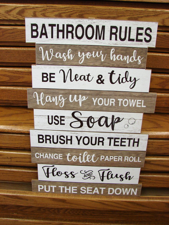 Wood Bathroom Rules Wall Sign Slatboard Rustic Wall Decor, Moose-R-Us.Com Log Cabin Decor