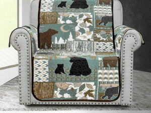 Quilted Forest Bear Scene Patchwork Chair Cover Washable Slipcover