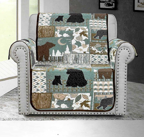 Quilted Forest Bear Scene Patchwork Chair Cover Washable Slipcover, Moose-R-Us.Com Log Cabin Decor