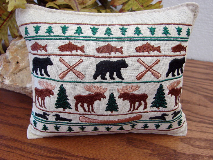 Fresh Balsam Filled Embroidered Moose Bear Pine Cone Tree Sachet Pillow, Moose-R-Us.Com Log Cabin Decor