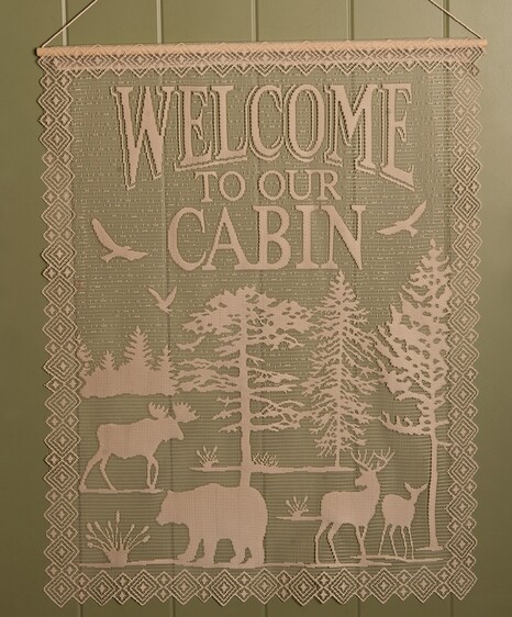 Lodge Hollow Natural Lace Welcome Cabin Wall Hanger Valance Runner Placemat, Moose-R-Us.Com Log Cabin Decor