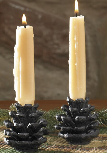 PD Cast Iron Pinecone Pine Taper Candle Holder Cone Shaped Set/2, Moose-R-Us.Com Log Cabin Decor