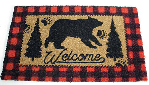 Heavy Duty Coir Black Bear Buffalo Plaid Welcome Entry Porch Door Mat Rug -   Log Cabin Decor