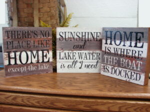 Primitive Antiqued Wood Lake Boat Wooden Oil Print Sign 3 Styles