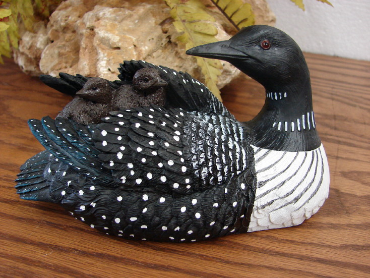 Detailed Resin Common Loon with Baby Chicks on Back Figurine, Moose-R-Us.Com Log Cabin Decor