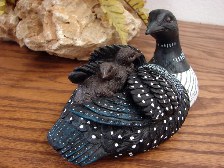 Detailed Resin Common Loon with Baby Chicks on Back Figurine, Moose-R-Us.Com Log Cabin Decor