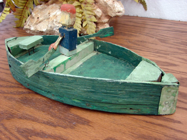 Antique Primitive Folk Art Wood Toy Row Boat Vintage Wooden Lake Decor, Moose-R-Us.Com Log Cabin Decor