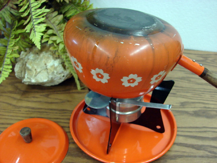Vintage Retro 1970&#8217;s Orange Flower Fondue Pot Stand Underplate Burner, Moose-R-Us.Com Log Cabin Decor