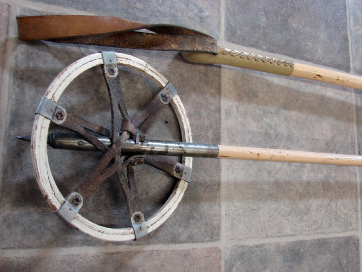Vintage Antique Snowshoe Bamboo Aluminum Leather Rattan Basket Grip Ski Poles, Moose-R-Us.Com Log Cabin Decor