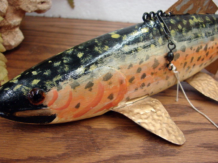 Vintage Antique Wood Fish Spearing Decoy John Kalash Trout, Moose-R-Us.Com Log Cabin Decor
