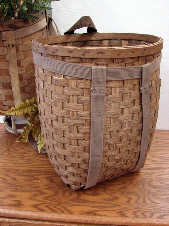 Primitive Antique Pack Basket Gathering Basket w/ Taupe Straps, Moose-R-Us.Com Log Cabin Decor