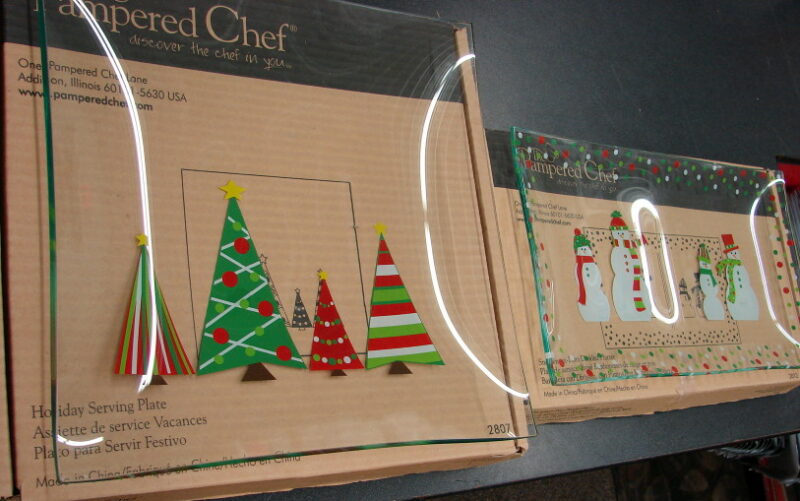 NIB Pampered Chef Glass Christmas Tray Snowman Platter Tree Plate, Moose-R-Us.Com Log Cabin Decor