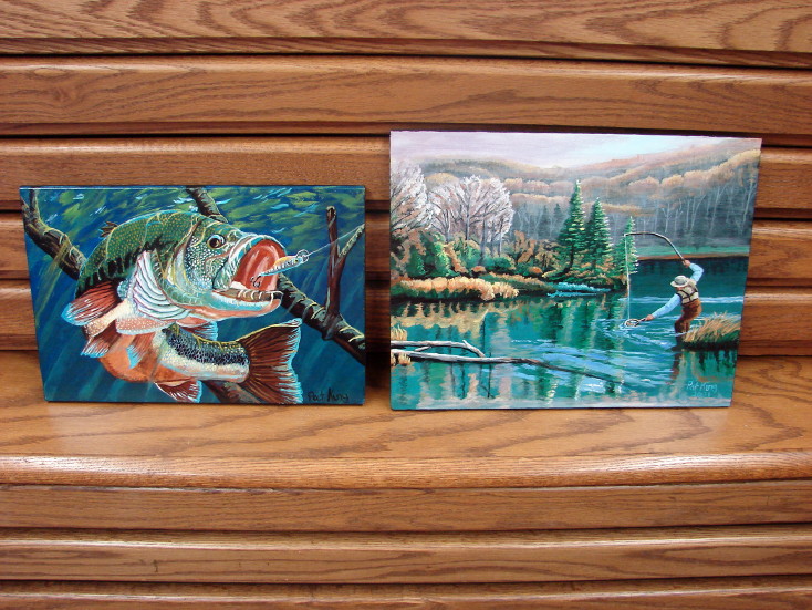 Fly Fishing Hand Painted Original on Wood Fisherman Trout Stream Pat King, Moose-R-Us.Com Log Cabin Decor
