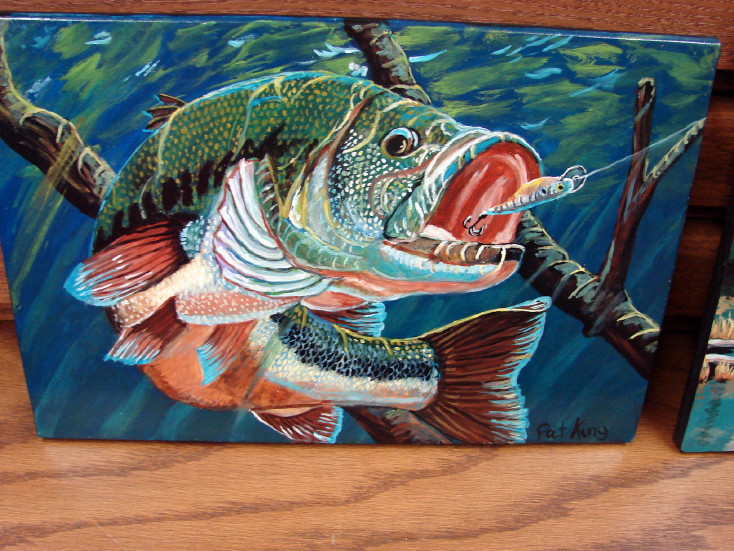 Underwater Bass with Lure Action Hand Painted Original on Wood Pat King, Moose-R-Us.Com Log Cabin Decor