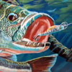 Underwater Bass with Lure Action Hand Painted Original on Wood Pat King - Image 2