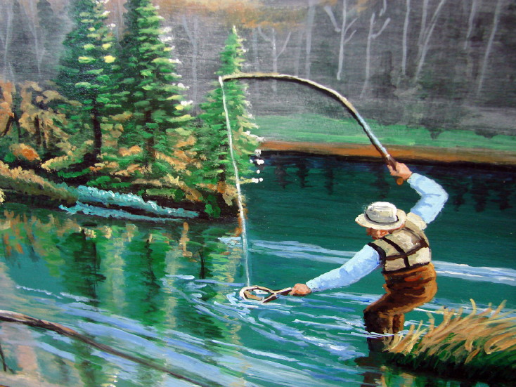 Fly Fishing Hand Painted Original on Wood Fisherman Trout Stream Pat King, Moose-R-Us.Com Log Cabin Decor
