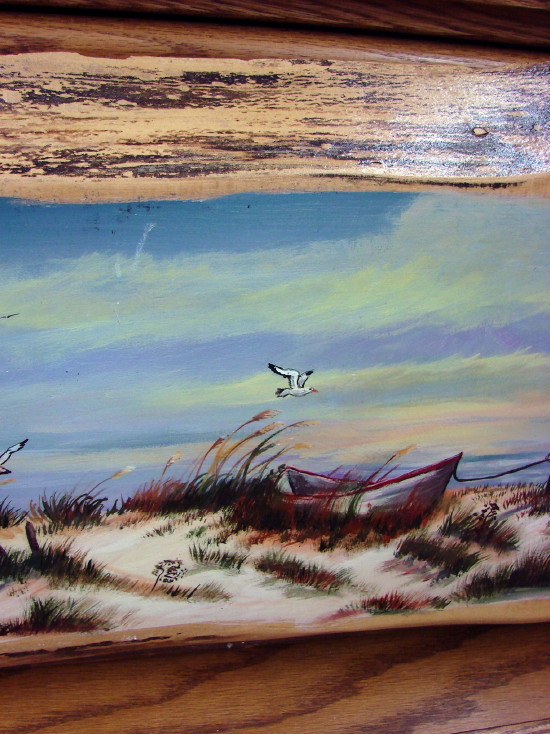 Hand Painted Ocean Beach Lighthouse Boat Painting Picture Pat King Original Live Edge Wood, Moose-R-Us.Com Log Cabin Decor