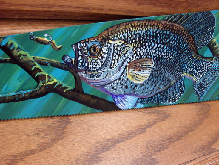 Underwater Crappie Hand Painted Original on Wood Handle Hand Saw