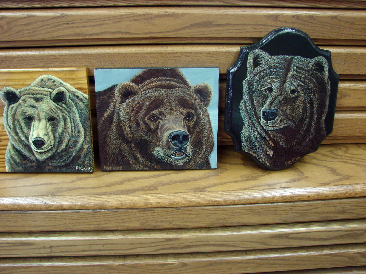 Grizzly Bear Face Pat King Original Painting Kodiak Bear Wood Picture, Moose-R-Us.Com Log Cabin Decor
