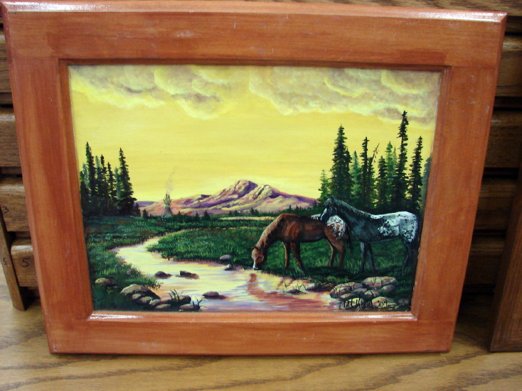 Wild Horses Mountain Sunrise Stream Original Painting Pat King Teppee, Moose-R-Us.Com Log Cabin Decor
