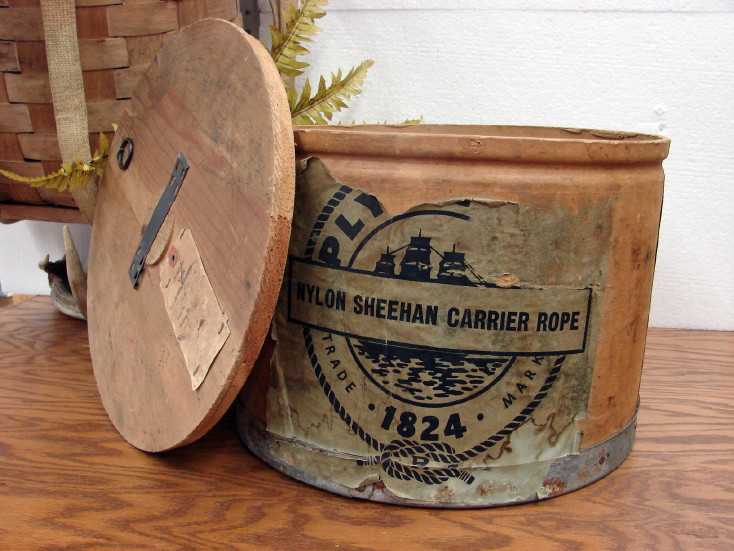 Antique Advertising Nautical Ships Rope Coastal Container Fiber Pulp Plymouth with Lid, Moose-R-Us.Com Log Cabin Decor