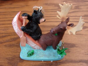 Resin Tippecanoe Moose Black Bear in Canoe Bear Ornament Jeffrey Severn Artwork