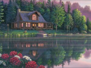 Kim Norlein Loons Cabin Sunrise Beside Still Waters Artwork Wood Framed Matted